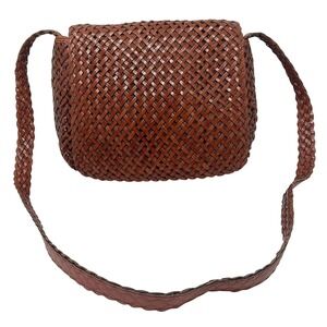 Talbots Brown Genuine Leather Woven Shoulder Bag Purse Old Money Preppy Academia